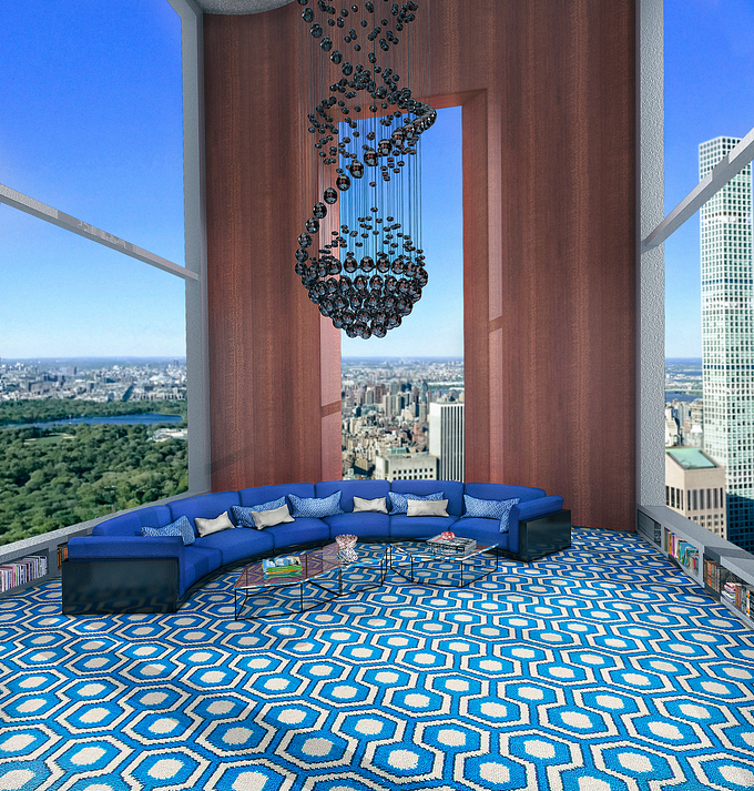 This render, created with 3ds Max, V-Ray, and refined in Photoshop, depicts an elegant penthouse overlooking Central Park and the New York skyline. A bold curved blue sofa and a geometric blue-toned rug dominate the scene, creating vibrant contrast.

A sculptural pendant lamp, inspired by a molecular spiral, adds a contemporary touch. The warm wooden wall with a vertical opening frames the urban view, while large glass windows enhance natural light. Careful attention to materials and details creates an exclusive, modern atmosphere, further refined by post-production that highlights contrasts and lighting.