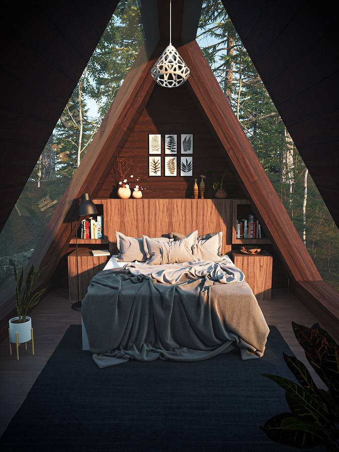 Custom a-frame cabin bedroom interior, testing out different lighting scenarios. 