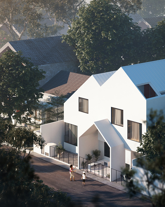 This is my personal project, EN House by Mande Agustino. 
I tried to capture house rendering with unusual angle. 

Concept of this image is make the building stand out than the surrounding. We can see same roofs and same forms in the back. EN House are stand out with that form, that kind roofs and the color itself.