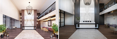 Lobby: 3D Rendering vs. Finished Photo