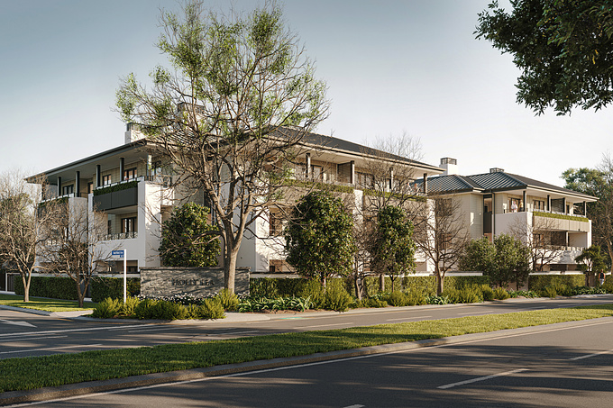 Holly Lea is an upmarket retirement village in Fendalton Christchurch. One to One Hundred was engaged by longtime client, Generus, to produce these exterior renders of the upcoming development.

We spent a lot of time modelling the surrounding site and landscaping to achieve the ideal suburban feel and site-specificity necessary for the project. The low lighting makes the buildings seem warm and inviting.