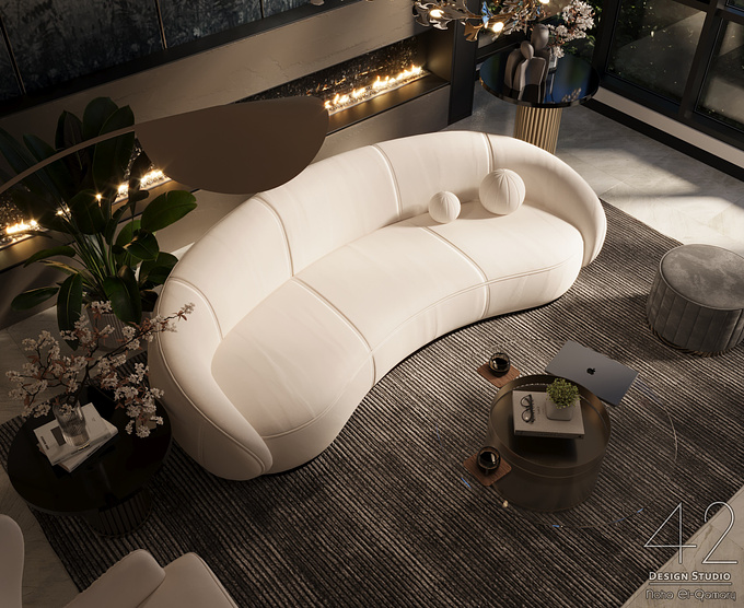 Inspired by nature, this curved sofa design maximizes natural light and warm beige tones to create an inviting space that promotes well-being and inspiration.