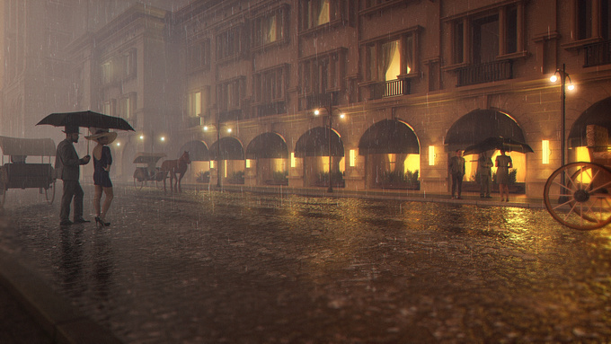 https://www.artstation.com/artist/waikin7
An old pebble road street with golden lights from a restaurant.

I wanted to create an image that was in the past. I played around more with the VrayAerialPerspective atmosphere effect to give a misty feel.

3ds Max, Vray, Photoshop