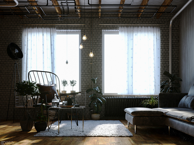 The main colors of the design are bright brown, grey, black and white; As usual green has enlightened the mood of my living room. 

Created with 3Ds Max, Corona, Photoshop