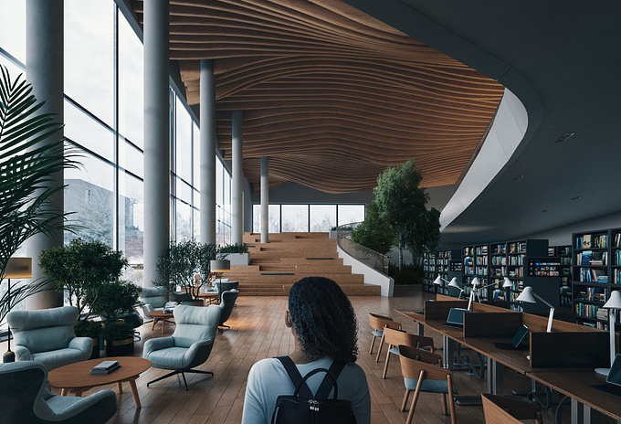 an university library with a unique wooden ceilling 
Project Role : Design and visual
Software used : 3DMAX,Vray and Photoshop
#photography #Archviz #CGI #3dmax #VRAY #Visual #Interior #Architecture 