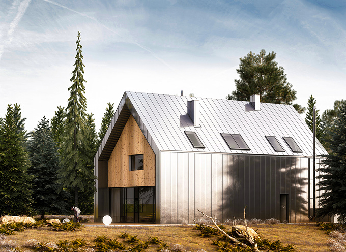 The concept show renovated barn adapted to living. The stainless panels work here as a mirror to reflect the beauty of the near environment.
