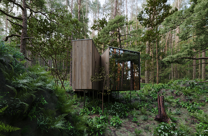 CGI developed with forest rooms from Juvet Landscape Hotel - Norway as reference