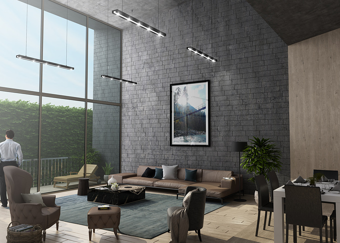 [AR studio], This is my free-time work.Double Height living room with environment friendly; Here iam used L-shaped poliform sofa & also maintain the colour combinations with grey&brownish.
Softwares: 3Ds Max+vray
           Photoshop cc