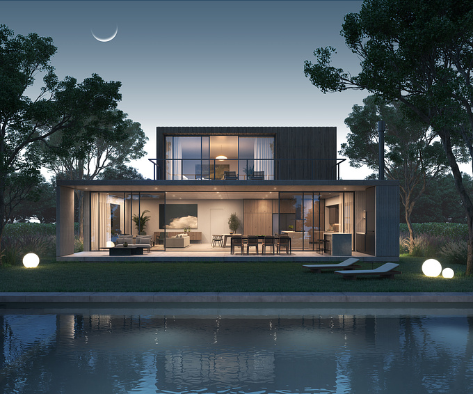 This visualization project captures a serene dusk scene featuring a house with a pool and a cozy interior.