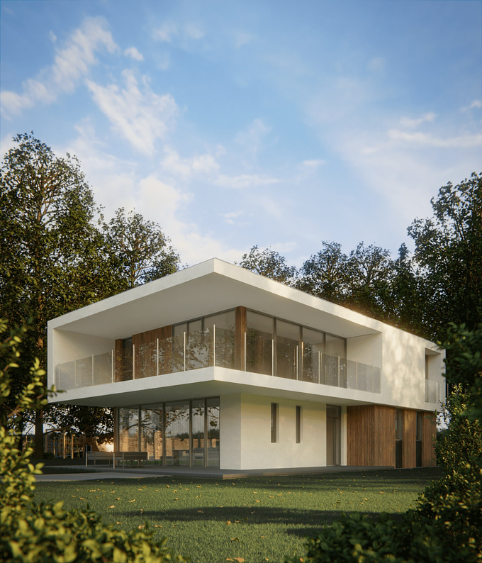 https://www.behance.net/gallery/86841897/CGI-House-in-the-woods-made-on-Blender-280
The original project was created by the architect Leva M and she made it on Sketchup. This project was imported for Blender and rendered with the cycles render engine. The grass was made with graswald addon and the vegetation with Botaniq addon.