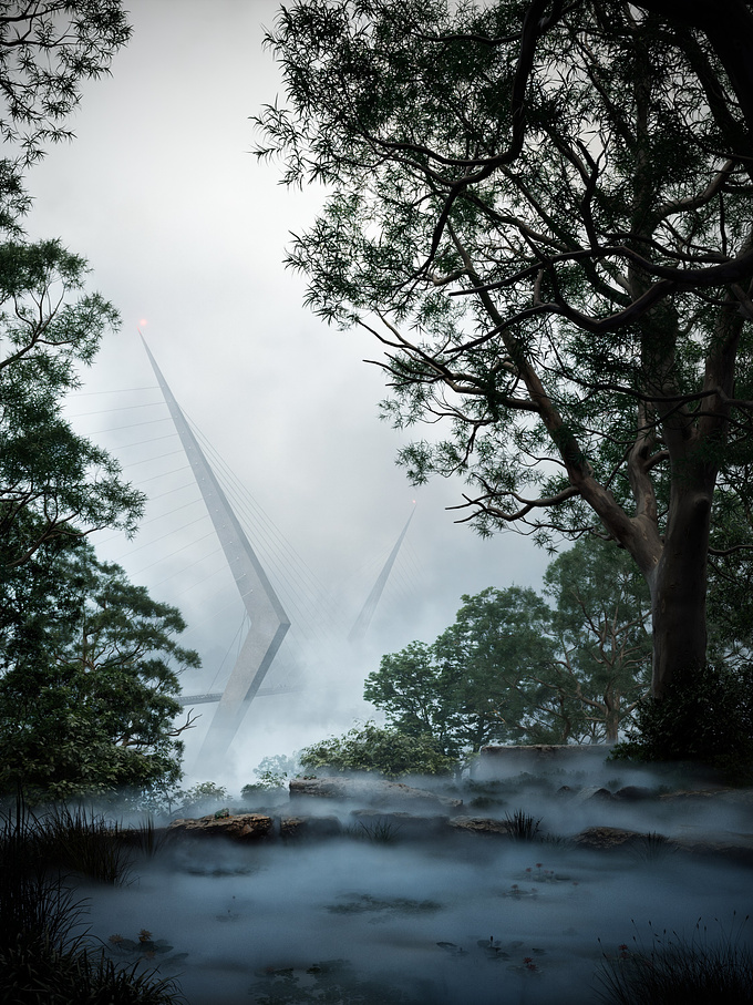 This series showcases a conceptual bridge design inspired by Santiago Calatrava's architectural language. The visualization explores the interplay of light and atmosphere through three distinct settings: an ethereal foggy ambiance, clear daylight and a dramatic sunset glow. Each image emphasizes the structural elegance and its harmonious integration with the surrounding natural landscape.