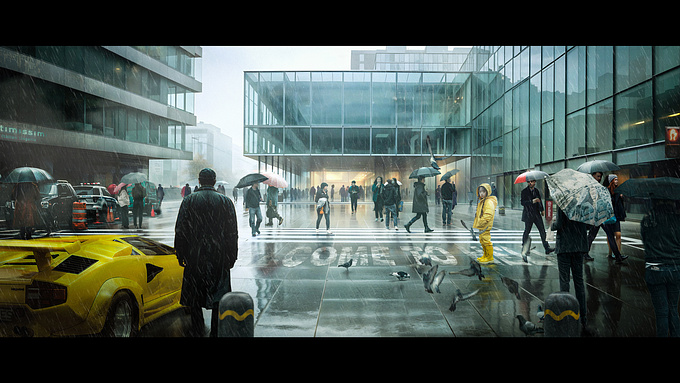 Dystopian cinematic scene of a city center with the main office buildings. I have tried to create a feeling of constant anxiety and depression adding a eerie surreal atmosphere. 3Ds max for blocking in the main buildings and post production in photoshop. 
Beneath the eternal gray skies, the city of Orbis thrived in its artificial glow. Rain fell relentlessly, not from natural clouds but from the atmospheric regulators installed decades ago. They were meant to "refresh" the air, but now, the rain was a daily occurrence—cold, sterile, and oppressive.

The yellow-slickered child stood in stark contrast to the sleek, glass-dominated architecture of the modern office district. The building ahead, the Nexus Tower, was a paragon of design—its clean, angular lines and luminous interiors symbolized progress. But in Orbis, progress had become synonymous with control.

The Nexus Tower wasn't just an office. It was the nerve center of OrionTech, the megacorporation that governed every aspect of life in Orbis. Through its walls, algorithms dictated citizens' diets, occupations, and even thoughts. The towering structure loomed not as a beacon of hope but as a reminder of the suffocating system that enveloped the world.

Amid the sea of umbrellas and hurried figures, a man in a dark trench coat lingered near a bright yellow sports car, his presence seemingly out of place. He clutched a small device, his hand trembling slightly. The child, drenched yet calm, seemed to be waiting—watching him with a knowing gaze. Pigeons fluttered at their feet, the only living creatures unbound by OrionTech's algorithms.

The ground was etched with faded letters, barely visible beneath the rain: "COME TO..." The rest was eroded, lost to time, a remnant of a forgotten rebellion. It was a message from a bygone era when people still believed in freedom. Now, it served as a silent mockery of the city's residents, who had long since given up.

The man took a deep breath and stepped forward, past the pigeons and the child, toward the Nexus Tower's radiant entrance. His device, a forbidden piece of pre-OrionTech tech, was a relic of a freer time. It carried the power to disrupt the tower's systems, if only for a moment. He didn’t know if it would succeed, but in a city where every choice was made for him, this act of rebellion felt monumental.

The child, still unmoving, whispered into the rain, "Do it for all of us."

As he crossed the threshold into the Nexus Tower, the rain seemed to falter for just a moment, as if the city itself held its breath.