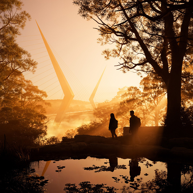 This series showcases a conceptual bridge design inspired by Santiago Calatrava's architectural language. The visualization explores the interplay of light and atmosphere through three distinct settings: an ethereal foggy ambiance, clear daylight and a dramatic sunset glow. Each image emphasizes the structural elegance and its harmonious integration with the surrounding natural landscape.