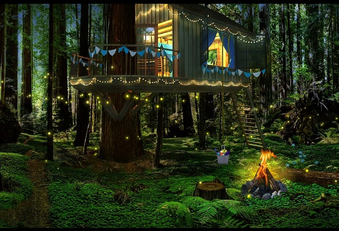 I built a 3D treehouse for a scene that went up in 50 Fremont in San Francisco. On their massive interior LED Screen. In addition I also animated two of the 2D characters and some of the assets (fire, rope, bucket). It was a lot of fun.