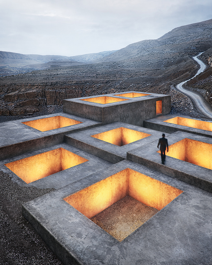 A modern sanctuary rising amidst a volcanic desert, where raw nature meets human creativity. The glowing orange light mirrors the fiery spirit of the earth, blending the rugged with the refined.