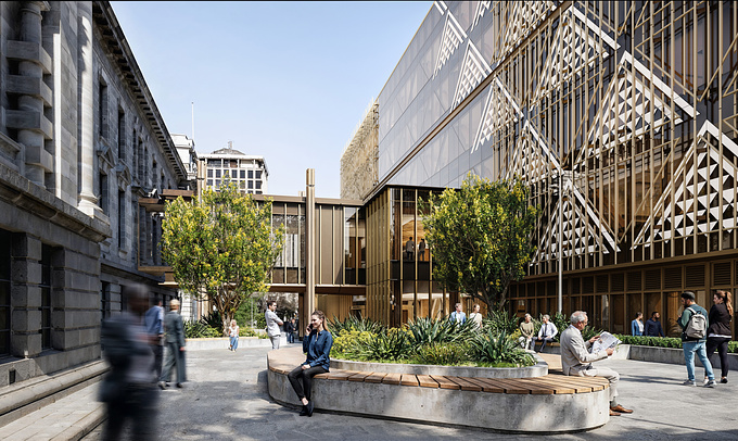 We were engaged by Studio Pacific Architecture to create 4 renders for this high-profile civic building. The new six-storey, base-isolated Museum Street Building is currently under construction behind Parliament House. The building provides offices for over 600 parliamentary staff.

A standout feature of the Museum Street Building is its use of mass timber, a renewable material that significantly reduces the building’s carbon footprint. This is part of a broader strategy to achieve a 6-Star Green Star rating, making it one of the most sustainable buildings in the precinct. The design also incorporates energy-efficient systems, rainwater harvesting, and vertical fins for shading, all while ensuring the structure remains functional and secure for decades to come.

Incorporating cultural narratives has also been central to the project. The external metal screen with vertical fins, developed in collaboration with mana whenua, wraps around most of the building. The screen acts as a ‘cloak’ symbolising the important role of members of Parliament and Parliamentary staff, while also providing practical solar shading to reduce glare and heat gain. Patterns inspired by niho taniwha, tukutuku panels and connections to the Wai-piro stream–which once ran through the site–are seamlessly integrated into the architecture.