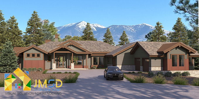 The 3D Exterior Rendering of Home Design a view of the peaks and trees that would be behind the south elevation. 3D renderings of the front and rear elevations of a home we designed in Phoenix Arizona.