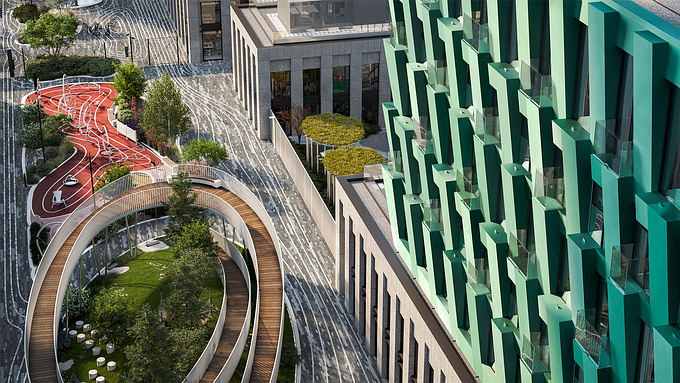 A two-level landscaping (the second level is a stylobate) with a floating bridge, children's and sports grounds, recreation and communication areas and a central square

Mail: hello@vis-on.studio