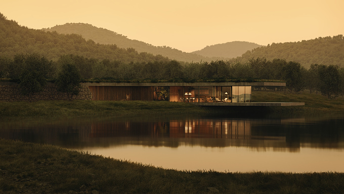 The render represents a villa immersed in nature, with an infinity edge overlooking the lake, created by JOVIZ_studio. The software used includes 3ds Max and Corona, with light post-production in Photoshop for the grass and sky effects.