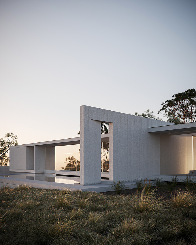 Clean lines and simple forms fully reflect the idea of "quiet" architecture. White textured walls combined with sleek frameless panorama glazing create a feeling of light and calmness.