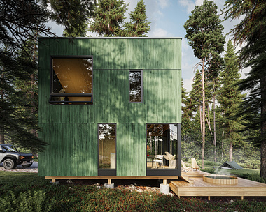 Green cabin in forest