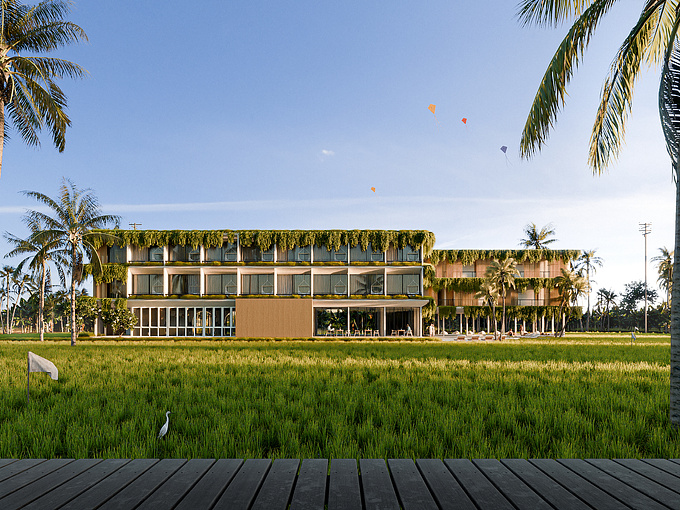 A striking silhouette emerges from the rice fields, exemplifying how thoughtful architecture can enhance and elevate the natural landscape, creating a space of tranquility and beauty. Pejeng Guest House is an architecture project located in Gianyar regency Bali.