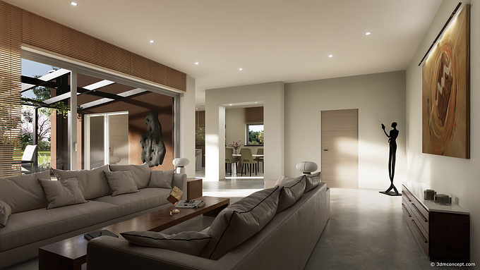 Design of an elegant living room with a polished concrete floor and an ocher-colored hanging wall which brings contrast and a warm atmosphere to the room.
Project developed in collaboration with Archizen Studio.