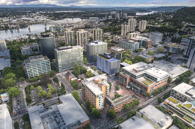  - http://www.baumbergerstudio.com
Aerial photo-montage rendering of a proposed new 7-story, 174,000 SF classroom / lab / office building with ground floor retail. Tenants include Portland State University, Portland Community College, the City of Portland, and Oregon Health & Science University. 

Client: SRG Partnership
https://www.srgpartnership.com/work/4th-montgomery
https://baumbergerstudio.com/project-4th-montgomery