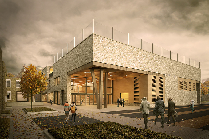 Derek Jackson / LSI Architects - http://www.lsiarchitects.co.uk
New build school building for Stephen Perse Foundation in Cambridge. Image copyright LSI Architects LLP. Modelled in ArchiCAD, rendered in Maxwell Render, post-processed in Photoshop.