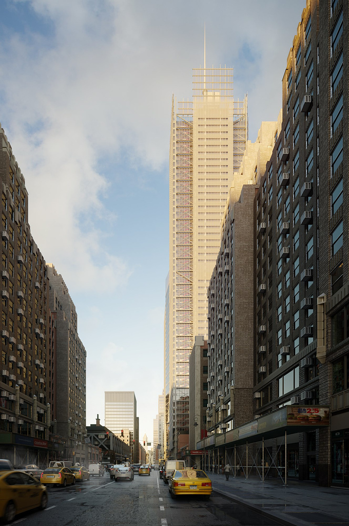 Nmachine - http://nmachine.org
New York Times building is one of the most recognizable pieces of architecture in the world. The tower was designed by Renzo Piano Building Workshop and FXFOWLE Architects, with Gensler providing the interior design. 
It’s based on the west side of Midtown Manhattan, surrounded by the New York skyscrapers. The New York Times Building is the eighth-tallest building in the city. 

It’s not a secret that New York Times building is one of our favorites. The tower is unique, because of the steel construction placed on the external side of the building. It gives an individual, industrial touch to the whole creation. 

Wikipedia says -„In excess of 95% of the structural steel was recycled.” – that’s a quite impressing fact. 

When we decided to prepare a set of the images dedicated to NYT building, we knew that a complete 3d environment would help us. Mainly, because of the sense of freedom during the cameras selection process. We tested many views and many light options, but we felt that the tower looks best soaked up in the golden rays of the sunset. 

We sincerely appreciate every minute spent on this project.