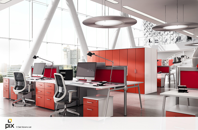 Architecture is key to the realism in this CGI shot. A creative layout in an open plan office, with blocks of red gloss to zone the spaces.