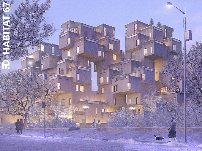 Selebrating 49 years of Moshe Safdie's Habitat 67, the  client asked me to do the visualization "Habitat 67 in the Winter". They like it.
Done by 3dsMax, Vray and Photoshop.