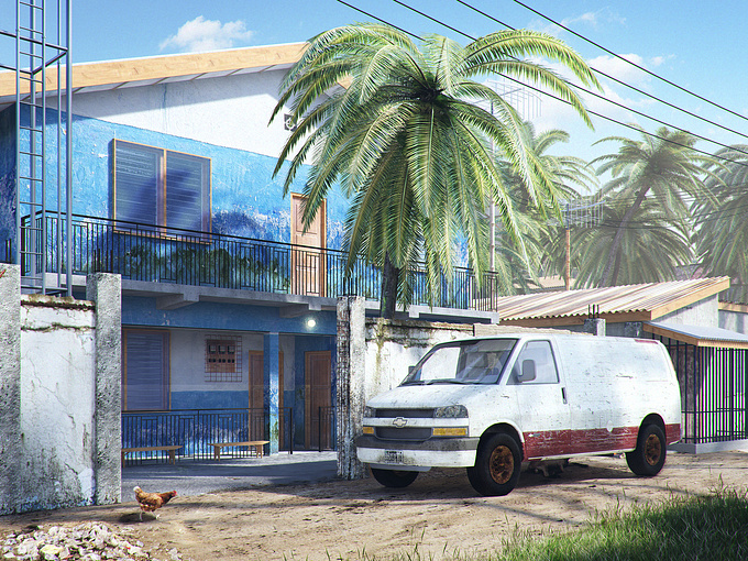 I wanted to capture what it was like growing up in west Africa. So I created this image based on the things I could still recollect. I used 3ds max to model the building and rendered it in Vray. Post-production was done in Photoshop.(60 percent of the image was created in photoshop)