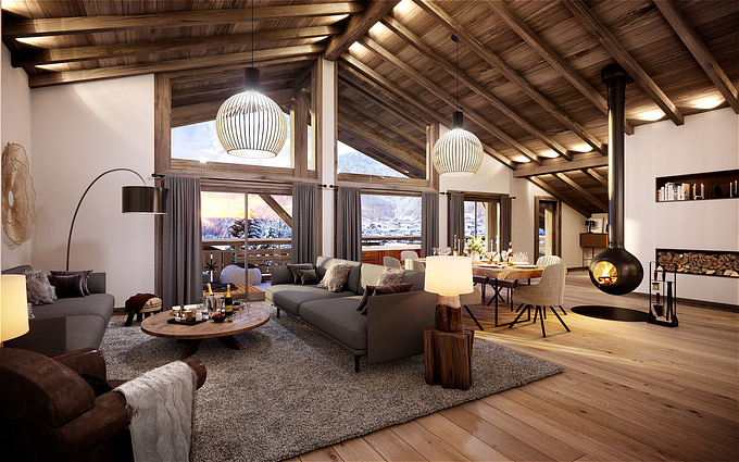 3D visualization of a living room in a chalet located in Chatel, France.