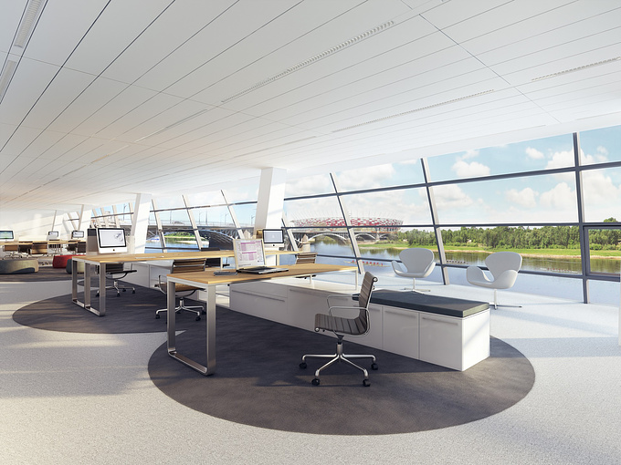 Business centre in Warsaw - first at the Vistula riverside. Interior office visualization /open space.