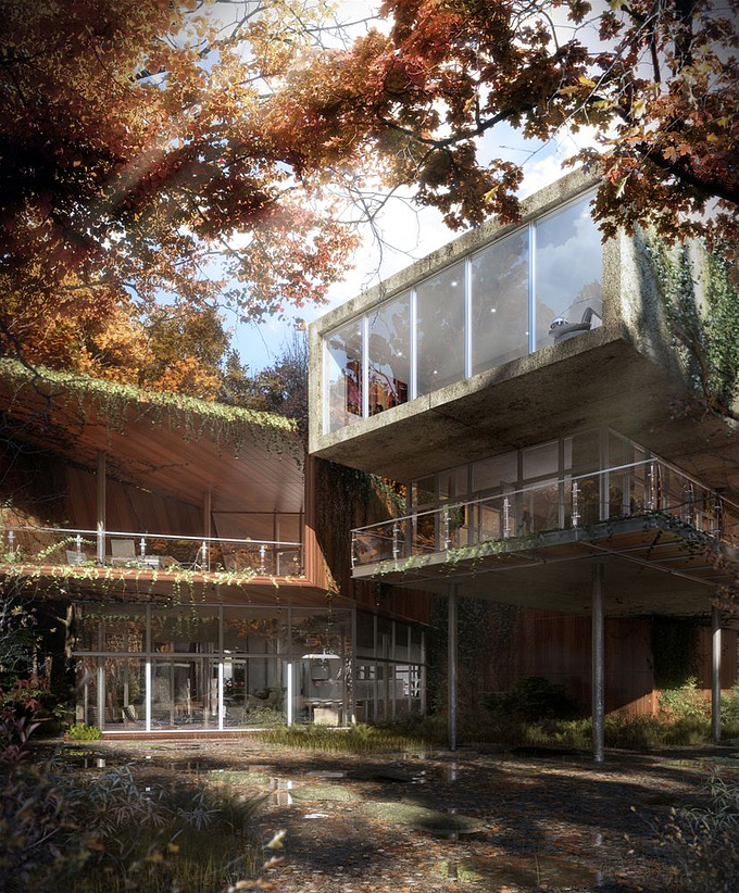 N/A - 
 N/A
 
 n/a
 3D Studio Max, Vray, Ivy Generator, Forest Pack Pro, Photoshop

 

I wanted to create the sense of stepping through the forest into a clearing and stumbling upon this house. I also wanted to create the feeling of a bright clear autumn morning after heavy rainfall the night before. Image production time was 2 weeks with a render time of 16 hours.