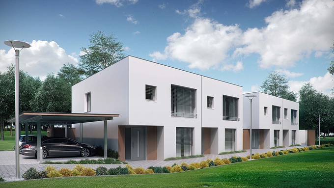 Viscato - http://www.viscato.com
check out the full project here: http://www.viscato.com/portfolio-posts/multi-family-real-estate-3d-architectural-visualizations/

The 3D architectural renderings presented above, depict the exteriors of  two semi-detached dwellings located in Austria. We have done a couple of resembling projects of the buildings designed on comparable plans, with the usage of similar materials, colours and textures for this particular contractor. We are extremely happy with the trust our regular customer put in us. We always strive to provide the best 3D architectural visualisations, which facilitate the pre-sale of any new developments, as we understand the developer's investment in high quality photorealistic renderings may have a major impact on success in sale, building the brand value and minimizing the financial risk at the same time.

This investment includes two semi-detached buildings, which could accommodate four families. Each of the residents owns their private garden space with a terrace and a little tool shed, which together with nicely trimmed hedges divide the area at the back. The houses are white with a dose of grey shades used on the windows frames, doors and roofing accessories. Large windows, both in the front and back of the building, giving the abundance of natural light seem to be the “must have” in modern architectural design. Additionally, the architect decided to add a delicate brown tone which adds to the aesthetic of the whole investment. Private roofed parking spaces are comfortably located right next to the building, so the families have no problems safely accessing their vehicles.

The houses are located in a rather peaceful area surrounded by the natural beauty of trees, bushes and other plants. The land development fosters building small-scale communities, which are of a high importance in modern society.