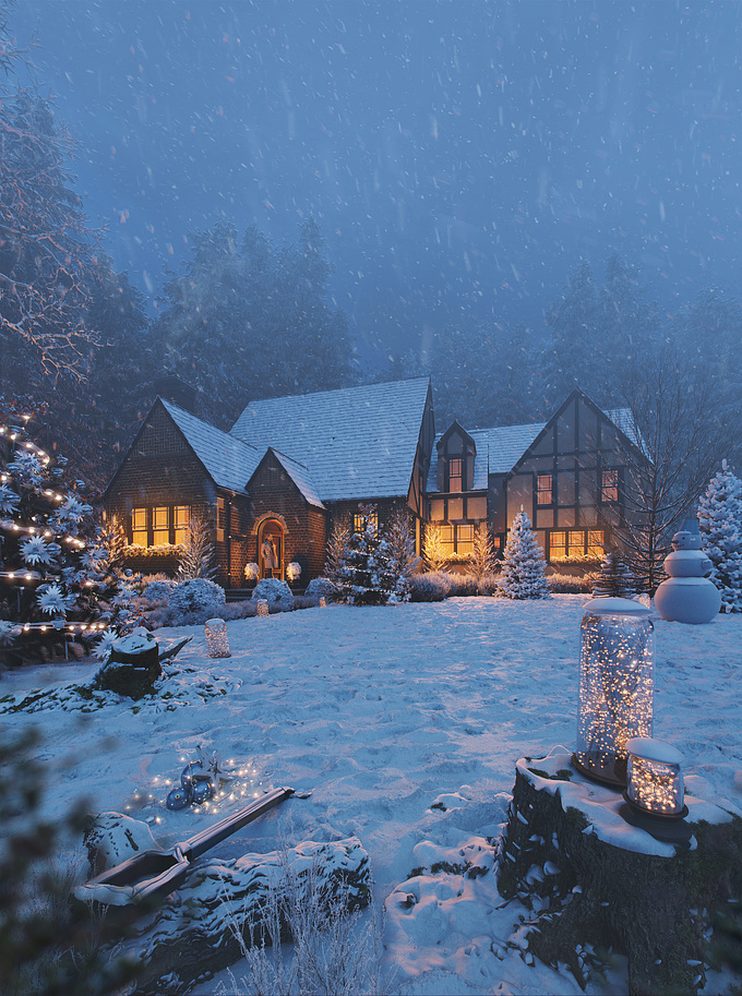 This rendered winter scene, created by NAG® Studios using 3ds Max and V-Ray, depicts a snow-covered house surrounded by trees, with warm interior lighting contrasting against the cold, snowy landscape. The details, such as the lit lanterns, snow-covered ornaments, and snowman, enhance the realism and atmosphere of the shot. The color correction was entirely handled within V-Ray Frame Buffer (VFB), ensuring the final image has a balanced, natural tone without the need for external editing tools.