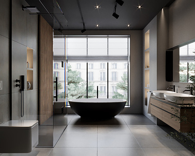 Modern bathroom with a view of the city