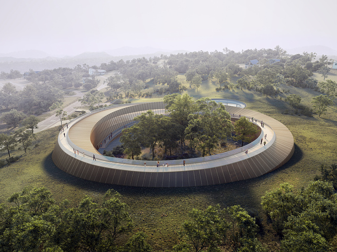 The focus of the project is to create a building, which, by being harmonically integrated in the existing natural landscape, allows either visitors, staff or koalas to immerse in nature. The shape of the building is dictated by the hilly terrain and inspired by the twisted eucalyptus leaves. A closed shape with a courtyard enables a free movement for koalas, giving them the needed protection and care without encaging them. Due to a hilly topography and high trees in the yard, koalas will keep a close visual connection to the surrounding nature. A spiral ramp creates a clear visit scenario and gives visitors an opportunity to experience koalas from different angles and heights without disturbing them.  

Complete project: https://www.behance.net/gallery/104846353/koala-hEaven