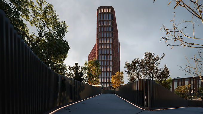 The "Maersk Tower" is a non-commercial project created in free time over the last year. 
Looking for a suitable topic for realization, our attention was drawn to the Maersk Tower building located in Copenhagen. 
It is distinguished by its unique architectural form and interesting texture created by façade panels. 
It also has exceptionally well-designed landscape elements connecting the building itself with the surrounding terrain. 
The unique architectural design has allowed us to find a lot of very attractive frames, which have become the basis for our animation. 

From a technical point of view, the main goal of the project was to use the Corona as the main rendering engine and to achieve a quality similar to static visualizations. 

In the project we used two lighting options.The first one using the HDR lighting method and the second hybrid model introducing additional Corona Sun.

In the animation we used great music composed by Ian Post and available on artlist.io