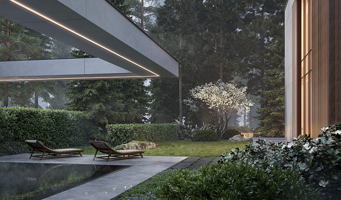 Visualization of a private garden in the Saint- Petersburg region with a unique atmosphere of comfort and tranquility, surrounded by mist. 