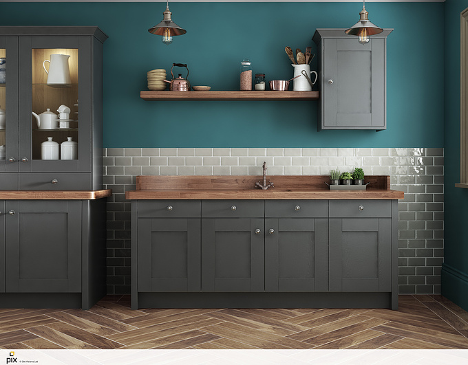 http://pix.setvisions.co.uk/Portfolio#!roomset
A contemporary take has been applied to the CGI shaker kitchen. Solid oak worktop and parquet floor. Contrasting deep green walls allowing the dark grey and oak to stand out in contrast. 

Traditional copper pendants above the open shelve with vintage kitchen props

http://pix.setvisions.co.uk/Portfolio#!roomset