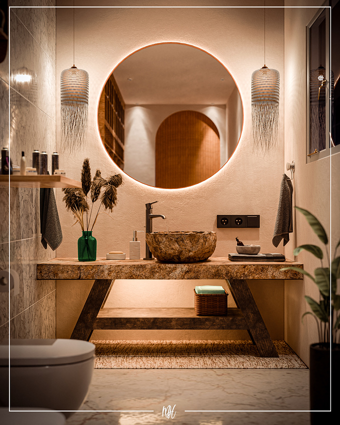 A rustic bathroom sanctuary with natural textures and ambient lighting 