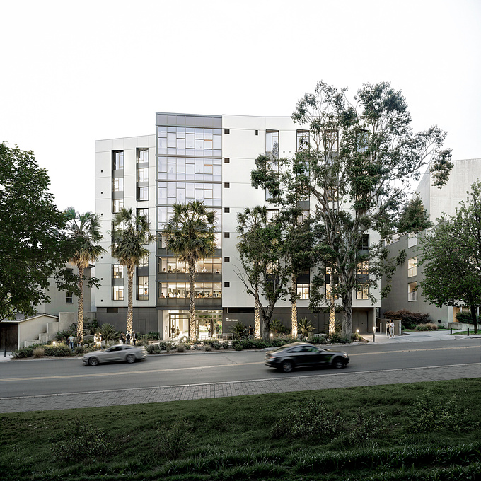 Just west of its campus in Westwood, L.A, UCLA has started work on its latest student housing project: the redevelopment of the Gayley Towers apartments.
Local designers Mithun are drafting the residential complex, with visuals presenting the street front and courtyard, created by Brick.