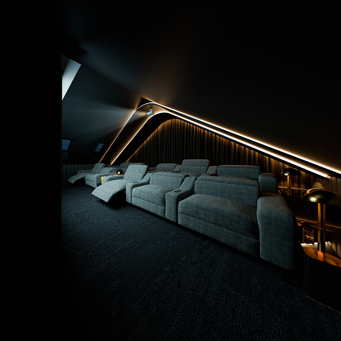  Archviz & Production by Aleyna ÖZTÜRK , 2024 Designed by MD ARCHITECTURE

This modern cinema room has been meticulously designed to maximize cinema enjoyment by combining luxury and comfort. The sloping ceiling enhances the feeling of spaciousness, while LED strip lighting along the ceiling creates an elegant and sophisticated ambience. Such lighting elements both enhance the aesthetic value of the room and minimize eye strain.

The armchairs attract attention with their ergonomic and modular structure. The wide, gray-colored armchairs were chosen with both durability and comfort in mind. The small side tables and lamps in front of the armchairs add depth to the room both functionally and aesthetically. These tables provide an ideal place for drinks and snacks, while the lamps provide personal lighting.

The overall atmosphere of the room is enhanced by the dark color palette and stylish details. This design choice reinforces the use of the room as a cinema room, while at the same time offering a modern and elegant look. All the components used in the design of the space have been thought to maximize the user's comfort and cinema experience.

The entire design process of this project was carried out by MD Architecture. Visualization was done by AOARCHITECT. You can contact me to present your designs to your customers with realistic and impressive visuals. Let's work together, get in touch! 

BEHANCE: https://www.behance.net/aleynarch

aoarchitectt@gmail.com