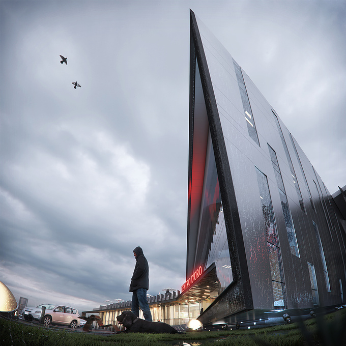 This rendered image of the Centro d’Oro project, designed and visualized by NAG® Studios, illustrates a contemporary architectural structure with an emphasis on sharp, angular geometry. The low-angle perspective emphasizes the verticality and form of the building, while the reflective glass facade displays water droplets, introducing environmental realism to the scene. The overcast sky provides diffused lighting, enhancing the material qualities without intense shadows. In the foreground, a figure and a dog establish scale and context. The red illumination of the Centro d’Oro signage offers a point of visual contrast, enhancing legibility and highlighting the building's main entrance in an otherwise neutral-toned setting.