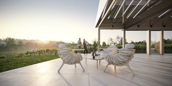 Small wine tasting pavilion at the Quinta do Monte d'oiro vineyard in Portugal.

Cinema4d with Corona renderer.