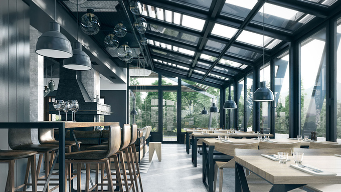 Mountain hotel restaurant interior rendering