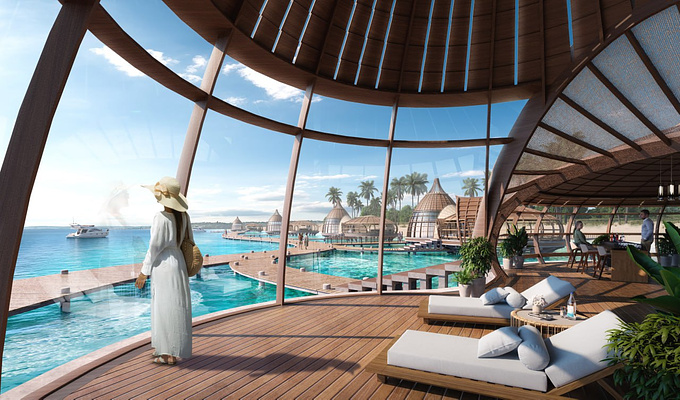 This project showcases a luxurious overwater resort, designed to blend modern architecture with natural surroundings. The concept focuses on using organic shapes and materials like wood, creating a harmonious balance between comfort and nature. The open, curved design allows for uninterrupted views of the crystal-clear waters, while the resort villas maintain privacy and exclusivity. With palm trees and vibrant blue waters surrounding the structures, this architectural visualization captures the essence of a tropical paradise.